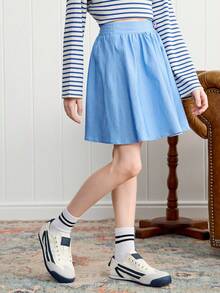 Joliand Joliand 1 件青少年女孩优雅都市可爱蓝色迷你裙，适合休闲、日常、郊游、居家、海滩、夏季 - 藍色 - 查看 4