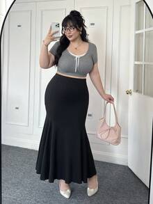 CovetEZ Plus Size High Waist Mermaid Hem Skirt