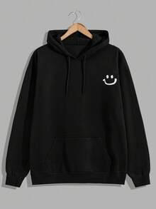 EURMUSE Plus Size 100% Cotton Men's Smile Embroidered Fitted Hoodie - Black - View 1