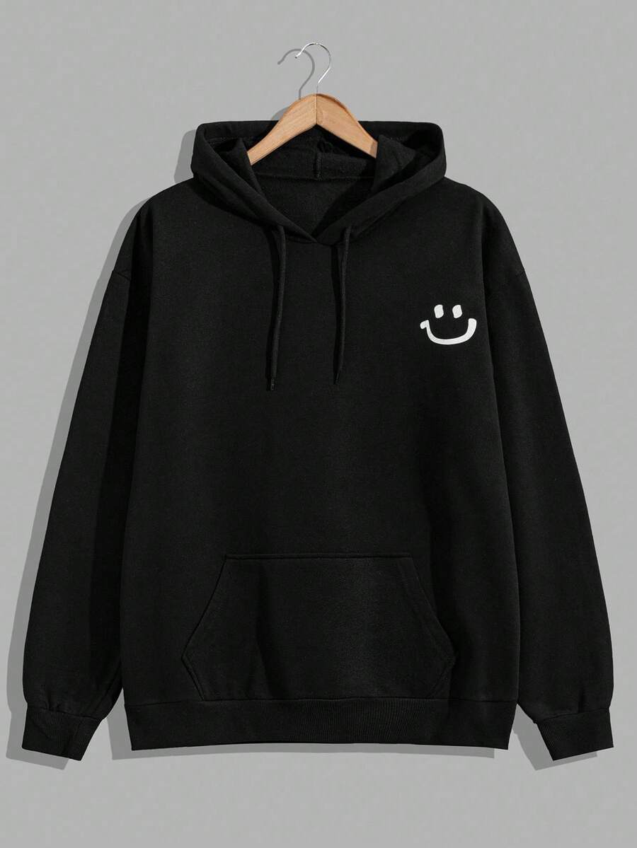 EURMUSE Plus Size 100% Cotton Men's Smile Embroidered Fitted Hoodie - Black - View 1