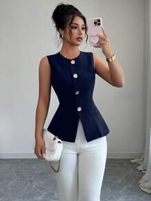 Selianne Fashionable Sleeveless Waist Cinched Black Jacket With Gold Button Decor, Versatile For Daily Wear, Spring/Summer