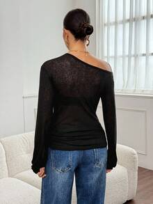 SHEIN Tall T-shirt noir d'automne basique sexy et chic pour femmes, couleur unie, col incliné, manches longues, top décontracté ample et transparent avec épaules dénudées, pour femmes grandes - Noir - Voir 2