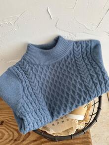 SHEIN 男童高领纹理提花复古麻花针织高领毛衣，百搭学院风，拉绒厚实面料，适合冬季 - 霧霾藍 - 查看 5