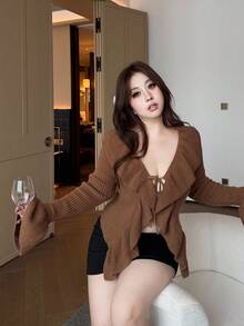 Flirla 荷叶边下摆系带短款开衫，秋冬 - 咖啡棕 - 查看 3