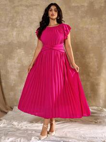 Roveilla Plus Size Women Pleated Dress With Ruffle Sleeves, Short Sleeve, Waist Tie, Chiffon Dress, Suitable For Dates, Commuting, Valentine's Day Fuchsia Dress Pink Dress Pleated Dresses For Women Pink Pleated Dress