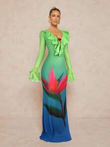 Lumalex 女式渐变色花卉印花露背荷叶边下摆喇叭袖修身长裙 - 綠色 - 查看 5