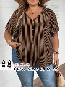 SHEIN CURVE+ 大码条纹印花V领休闲百搭短袖衬衫 - 咖啡棕 - 查看 1