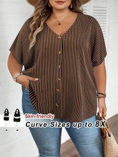 SHEIN CURVE+ Plus Size Striped Print V-Neck Casual Versatile Short Sleeve Shirt