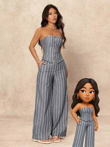 SHEIN PETITE 2pcs Women's Minimalist Striped Tube Top And Wide Leg Pants Set, Commuter Style, Summer - Dark Grey - View 8