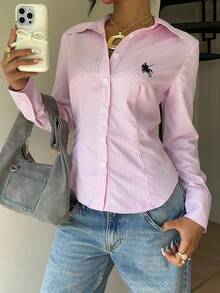 SHEIN EZwear Áo sơ mi dài tay dáng ôm, cài nút phía trước, thắt eo, thích hợp cho mùa thu/đông, thêu logo nhỏ - Nhiều màu - Xem 5