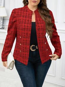 SHEIN Clasi Plus Size Women Metal Buckle Decor Tweed-Like Fabric Jacket, Elegant For Daily, Casual, Business Commute In Fall/Winter