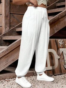 EMERY ROSE Quần dài thường ngày buộc túi màu trơn cỡ lớn cho nữ - trắng - Xem 3