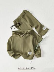Cozy Pixies 2pcs/Set Unisex Baby Girl Solid Dropped Shoulder Hooded Sweatshirt And Flare Leg Pants Outfit - Army Green - View 1