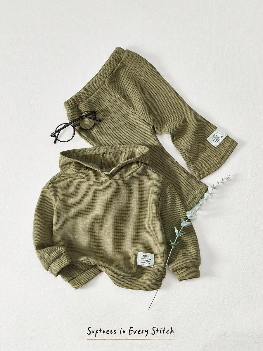 Cozy Pixies 2pcs/Set Unisex Baby Girl Solid Dropped Shoulder Hooded Sweatshirt And Flare Leg Pants Outfit - Army Green - View 1
