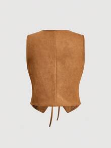 SHEIN MOD 蕾丝边系带前背心夹克（不含衬衫），棕色波西米亚风夹克，秋冬西部女装 - 摩卡棕 - 查看 2