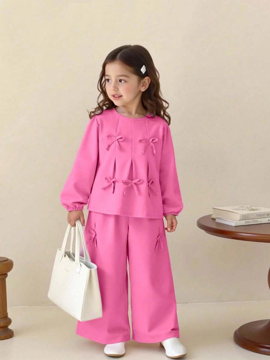 SHEIN Playful Pals 2件套少女时尚甜美蝴蝶结装饰上衣+阔腿裤套装,春秋 - 玫紅色 - 查看 1