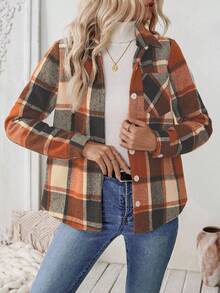 EMERY ROSE Chaqueta casual de mujer con botones, estampado de cuadros y bolsillo, manga larga - Camisa casual diaria para mujer - Naranja - Ver 5