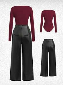 EMERY ROSE 2pcs Set: Ribbed Long Sleeve Jumpsuit And PU Leather Wide Leg Pants - Multicolor - View 2