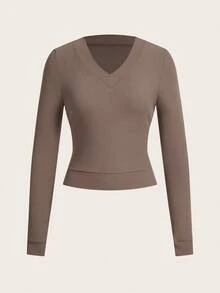 SHEIN Unity 女士两件套服装 V 领长袖上衣修身迷你裙套装秋冬秋季圣诞节 - 駝色 - 查看 5