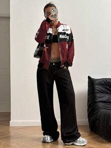 StreetHx Petite 字母印花撞色落肩飞行员夹克，适合新年服装 - 酒紅色 - 查看 6