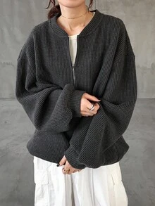 FRIFUL 女式宽松半拉链华夫格针织纯色金属拉链装饰T恤长袖上衣 - 灰色 - 查看 2