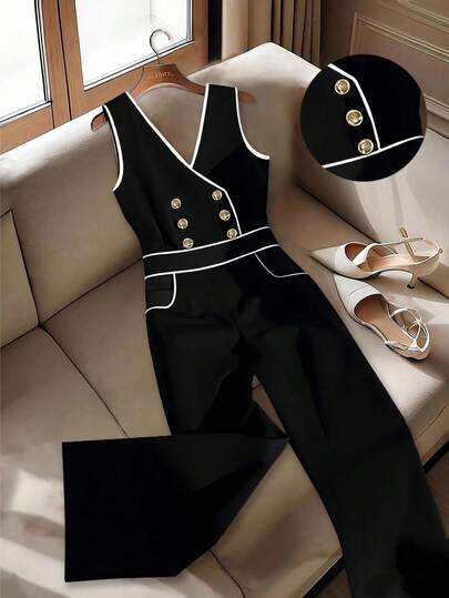 GlowEve CURVE 大码休闲透气撞色饰边纽扣装饰无袖连体裤