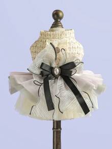 PETSIN 1pc Pet Dress, Cats And Dogs Wear Small Fragrant Style Dresses, Princess Style Gauze Dresses With Three-Dimensional Large Bows, Cats/Dogs Wear Clothes For Autumn And Winter Weather - Beige - View 4