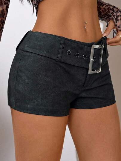 SHEIN PETITE Women's Autumn Tie-Dye Washed PU Mini Shorts With Belt, Vintage Distressed Style, Petite, Fall For Women, Halloween Costume For Women, Chic Pants For Women, Casual And Simple. Going Out, Chic ,Home, Casual, Elegant, Commuting, Versatile, High-Quality Upgrade, Personalized, Suitable For Parties, Commuting To Work, Meeting Customers, And Many Other Scenes, Old Money Style, Boss Feeling, Gangster Wife Style, Sexy