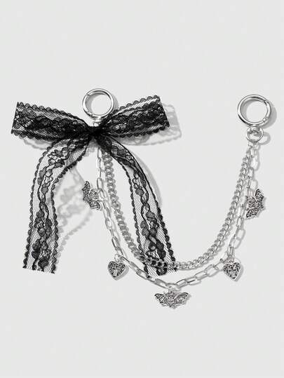 Kawaii 1pc Vintage Y2K Goth Fashion Dark Style Silver Hollow Multilayer Chain Bat Pendant With Black Lace Bow Decor, DIY Keychain/Bag Charm, Suitable For Women As Daily Wear Or Gift For Holiday, Halloween