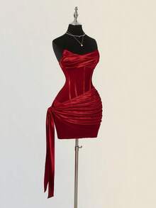 SHEIN ICON 女士时尚性感派对褶饰抹胸迷你连衣裙 - 紅色 - 查看 6