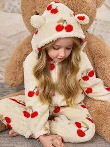 SHEIN 少女樱桃图案针织连帽休闲连体裤家居服 - 卡其色 - 查看 5