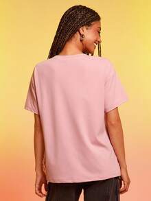 SpongeBob SquarePants | SHEIN 女式字母与卡通图案圆领短袖T恤 - 粉色 - 查看 2