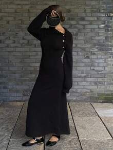 DAZY Damen Lässig einfarbiges Strickkleid, Herbst/Winter - Schwarz - Übersicht 1