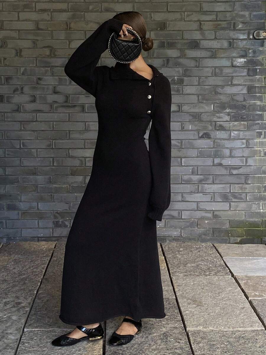 DAZY Damen Lässig einfarbiges Strickkleid, Herbst/Winter - Schwarz - Übersicht 1