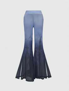 ROMWE Gothic Graveyard Pattern Sheer Women's Flare Pants, Halloween - Dusty Blue - View 1