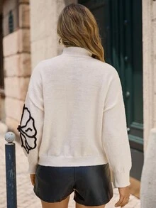 EMERY ROSE Floral Pattern Drop Shoulder Mock Neck Sweater,Long Sleeve Tops Knit Pullover Fall Winter Sweater - White - View 2