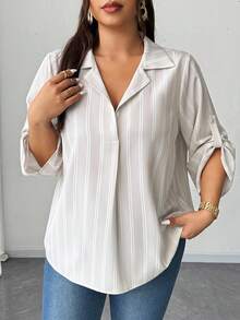 Elenzga Chemise décontractée à rayures abricot grande taille, polyvalente, à la mode et élégante