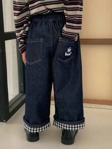 DAZY Toddler Boys' Loose Straight Leg Casual Jeans, Letter Embroidery & Plaid Patchwork, Autumn - Dark Wash - View 4