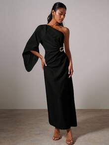 女士优雅金属扣不对称连衣裙 - 黑色 - 查看 4