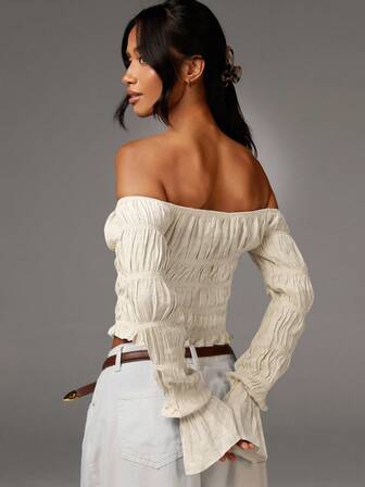 Athîral 女式秋季简约纯色褶饰露肩长袖上衣