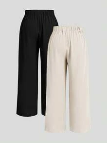Elaquor Plus Size Women's Solid Color Pleated Wide Leg Casual Pants, Women's Trousers, Button, Zipper Trousers, Elastic Back Waist Trousers, Office Trousers For Women Spring To Summer - Apricot - View 2