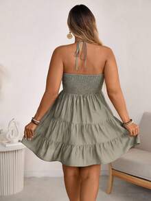 SHEIN Clasi Váy xếp tầng bằng vải viscose tre cỡ lớn cho nữ đi nghỉ ở bãi biển theo phong cách Bohemian phương Tây, có dây buộc nơ có thể điều chỉnh, mùa hè - xanh quân đội - Xem 2