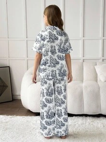 SHEIN 女童印花领短袖睡衣套装 - 寶藍色 - 查看 2
