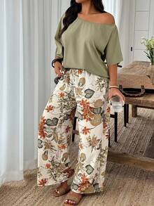SHEIN PETITE CURVE Plus Size Casual Solid Color Top And Wide Leg Pants 2 Pieces Set - Multicolor - View 1