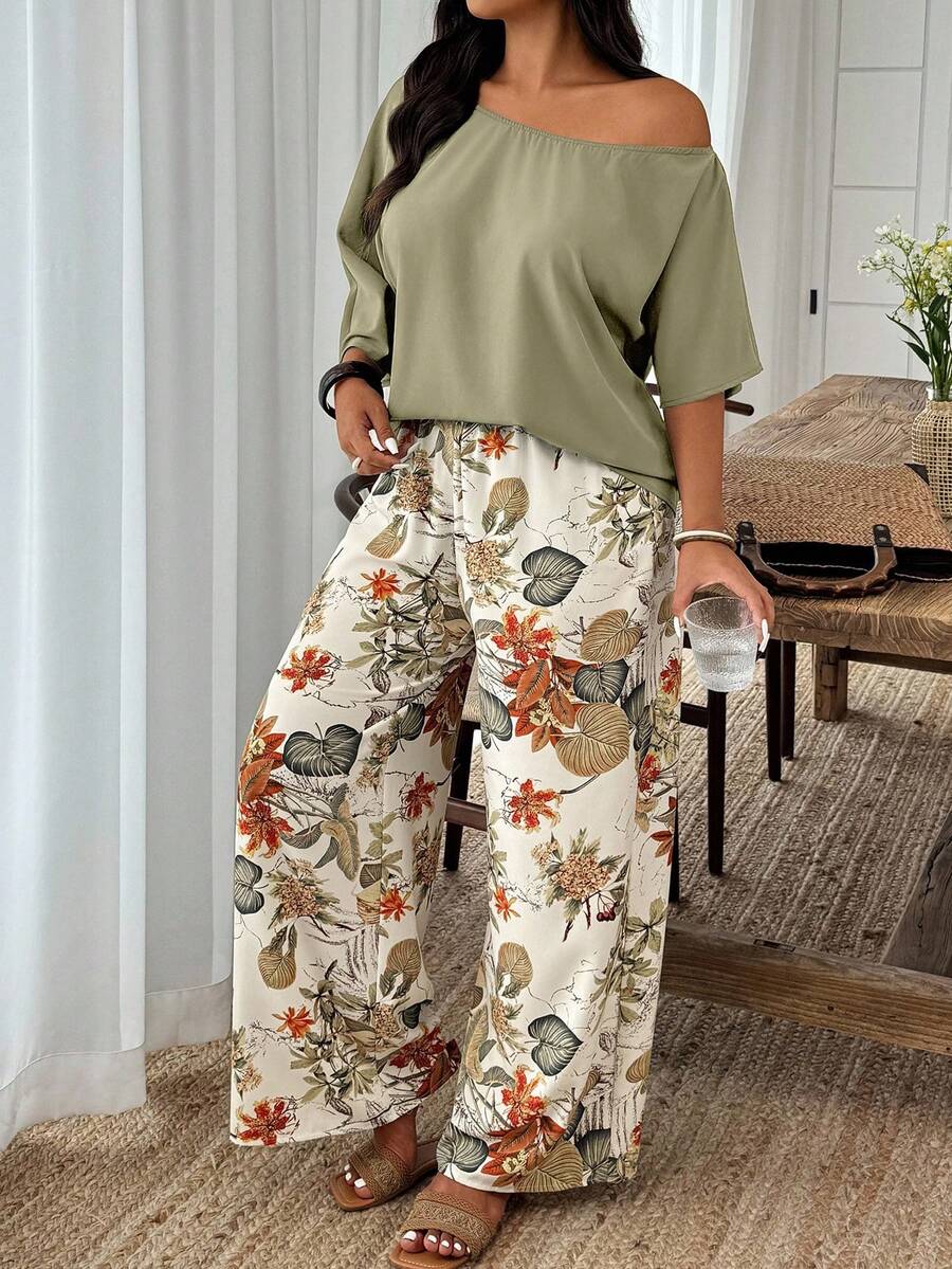 SHEIN PETITE CURVE Plus Size Casual Solid Color Top And Wide Leg Pants 2 Pieces Set - Multicolor - View 1