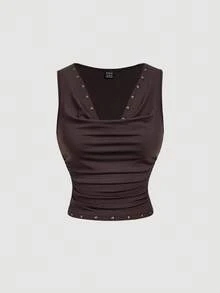 SHEIN MOD Bộ đồ hai mảnh gồm áo vest cổ đính đinh tán màu nâu và chân váy dài dành cho nữ phong cách cổ điển thập niên 70 – Phong cách Hippie cổ điển, trang phục ngày lễ, Bohemian, Y2K, phương Tây và du mục - màu nâu - Xem 5