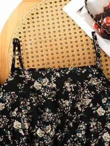 SHEIN 青少年女孩2件組：黑色羅紋針織開襟外套 & 小碎花收腰細肩帶洋裝，復古休閒度假穿搭 秋冬 - 黑色 - 查看 6