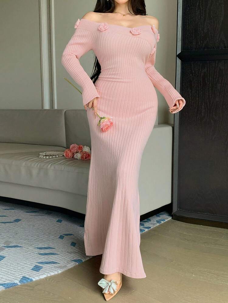 Autumn/Winter Waist-Cinching Bodycon Cocktail Dress, Sexy Off Shoulder Floral Decor Party Gown, Fashion Evening Dress For Wedding, Banquet, Dance Sweater Dress