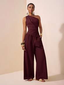 Zivah 2025 Summer New Style Music Festival Easter Mother's Day Wedding Birthday Party Daily Outing Basic And Versatile Leisure Internet Celebrity Hot Style Elegant Commuter Business Casual One-Shoulder Pleated Waist Asymmetrical Hem Women's Top And Straight Pants Khaki Women's Two Pieces Set