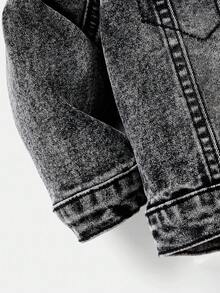 SHEIN 男婴两件套/组，做旧休闲黑色牛仔时尚水洗翻领长袖外套和卷边高弹力修身牛仔裤，休闲百搭，适合宝宝秋冬日常穿着，男童街头风服装，男童万圣节和圣诞节服装，冬季牛仔裤，男童牛仔裤 - 黑色 - 查看 4